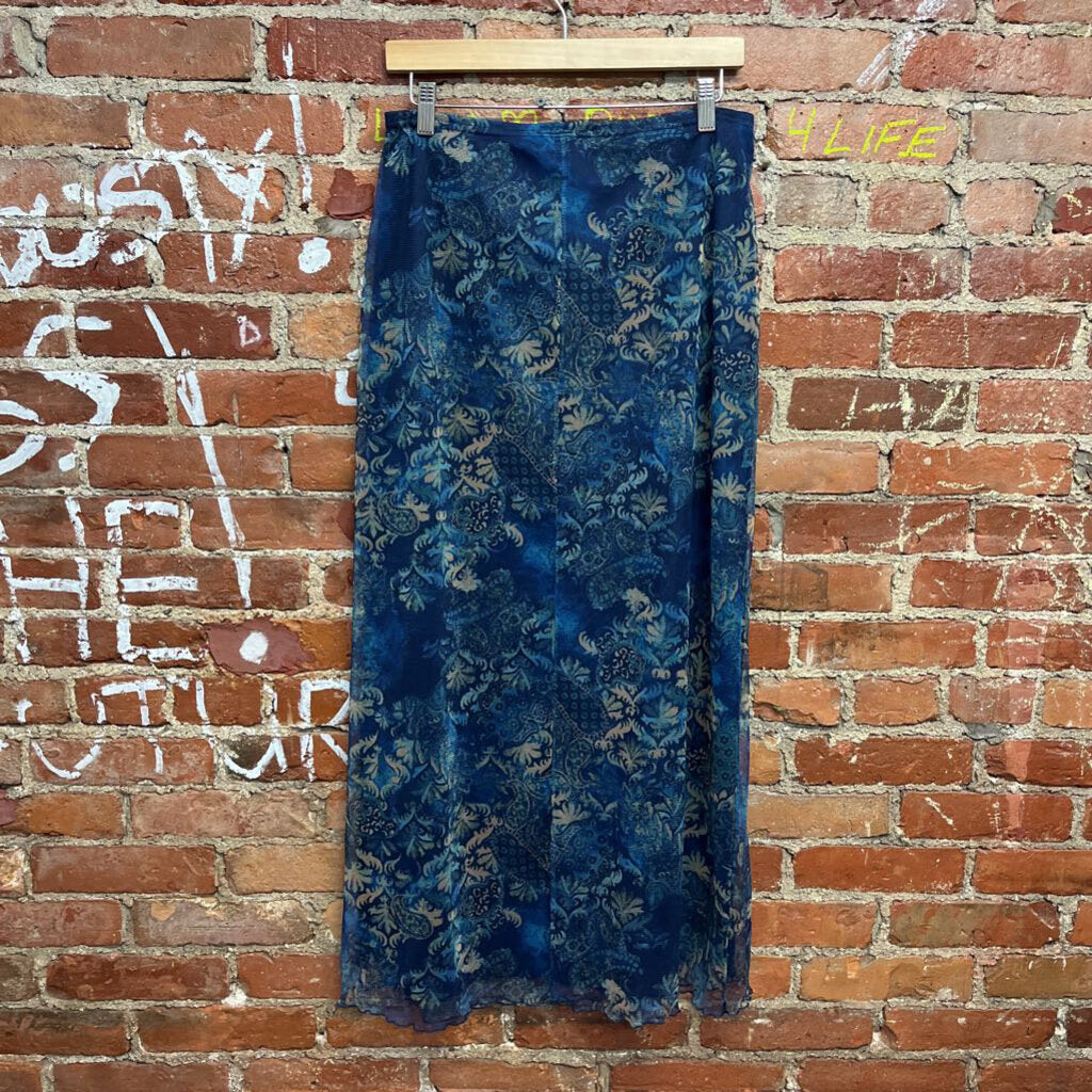 Vintage 90s Danger Mesh Printed Maxi Skirt Blue Size L