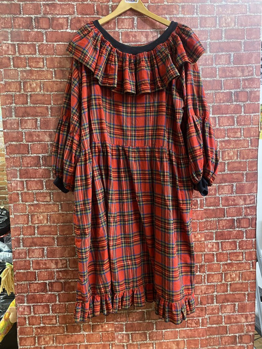 Vintage Isaia Rankin Plaid Long Sleeve Midi Dress Red Size XL