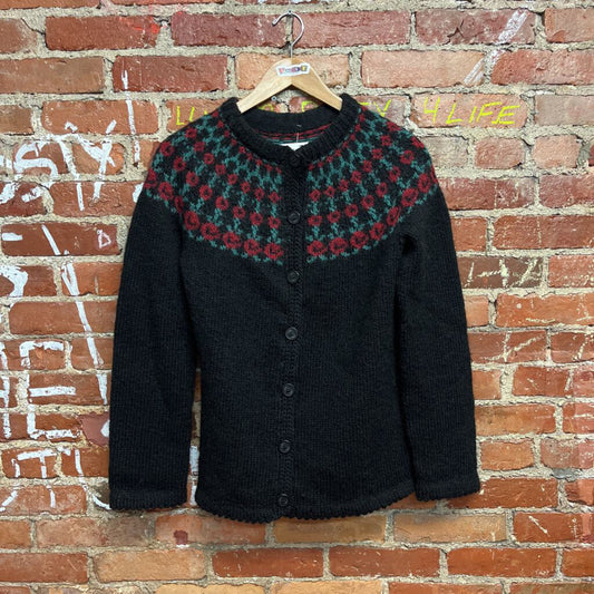 Handknit Rose Trim Cardigan Black Size M