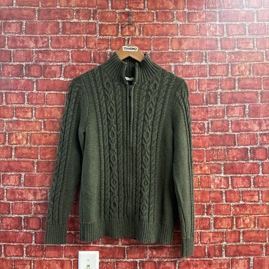 LL Bean Cable Knit Zip Cardigan Green Size M