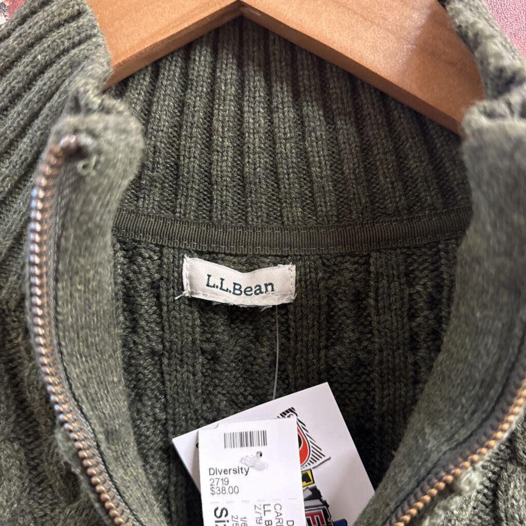 LL Bean Cable Knit Zip Cardigan Green Size M