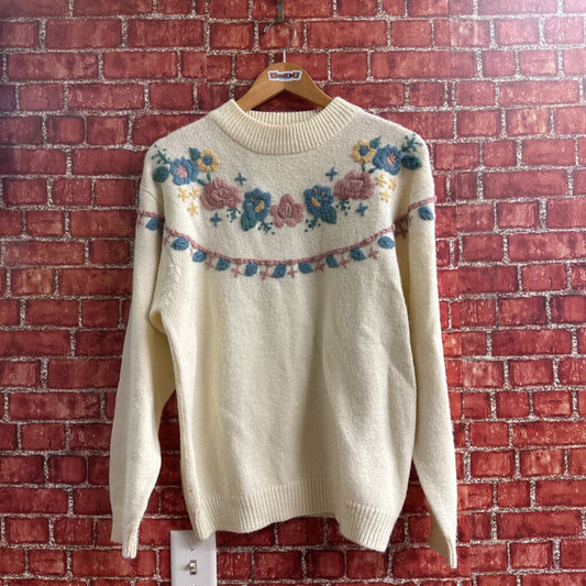 Vintage Alfred Dunner Floral Knit Sweater Cream Size L