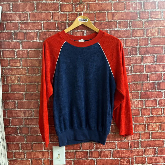 Vintage 70s Terry Cloth Crewneck Blue Red Size S