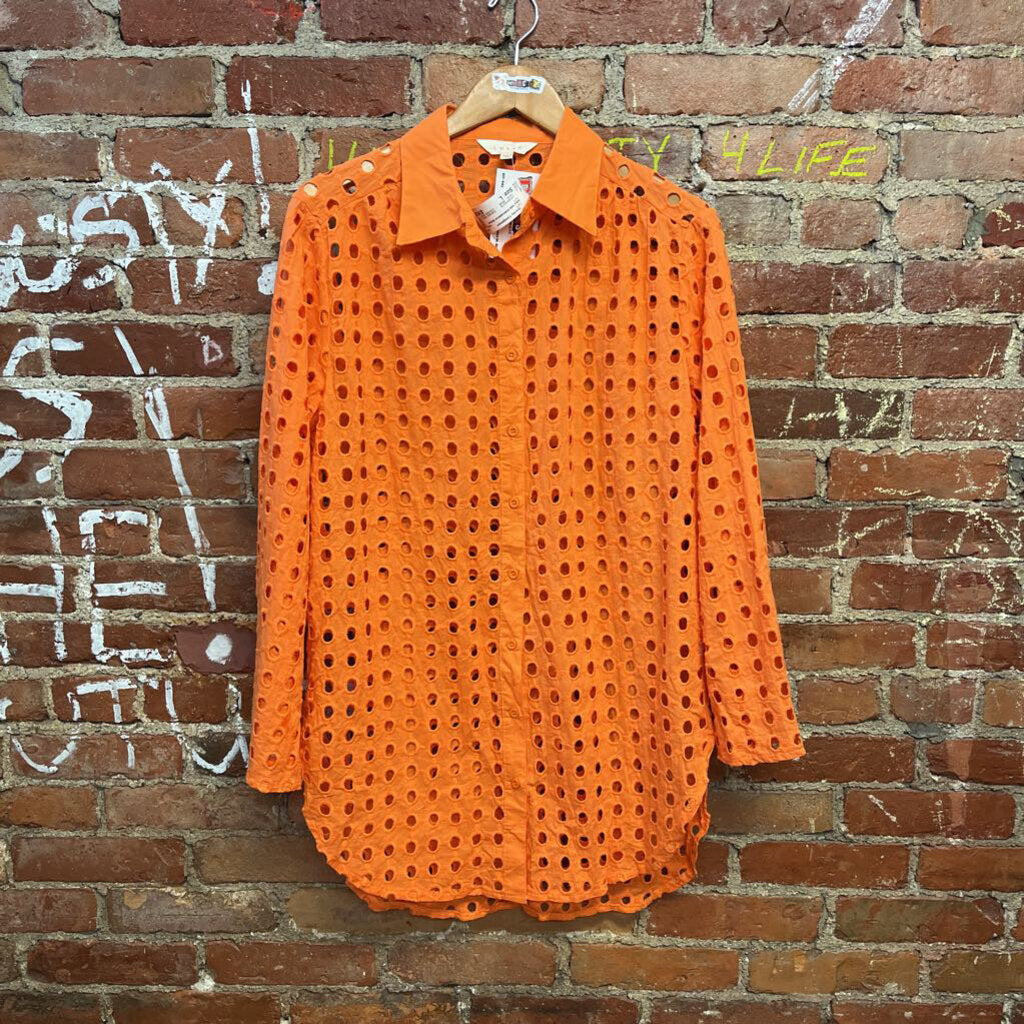 Adiva Hole Embroidered Button Up Orange Large