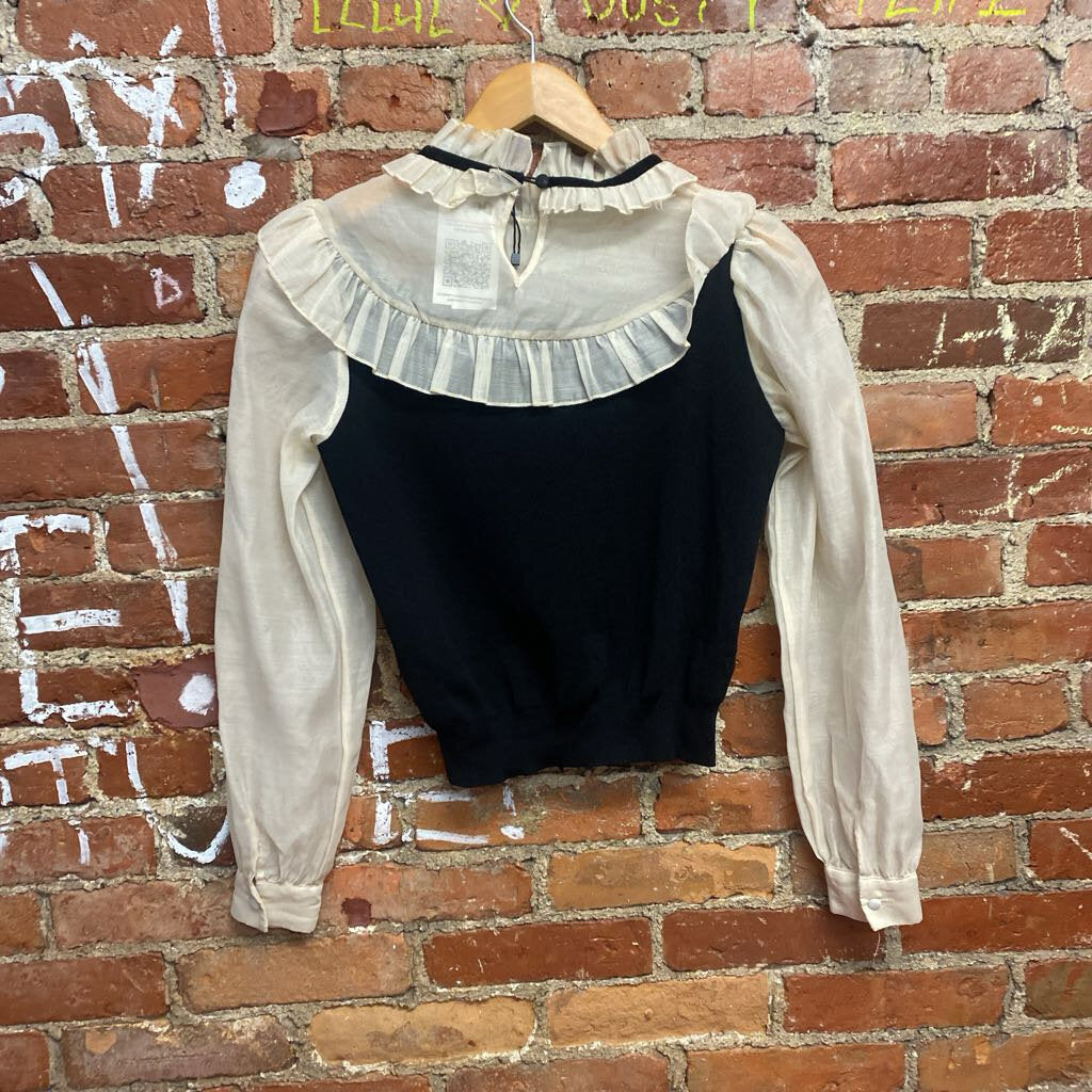 Zara Sheer Sleeve Top Black White Size M