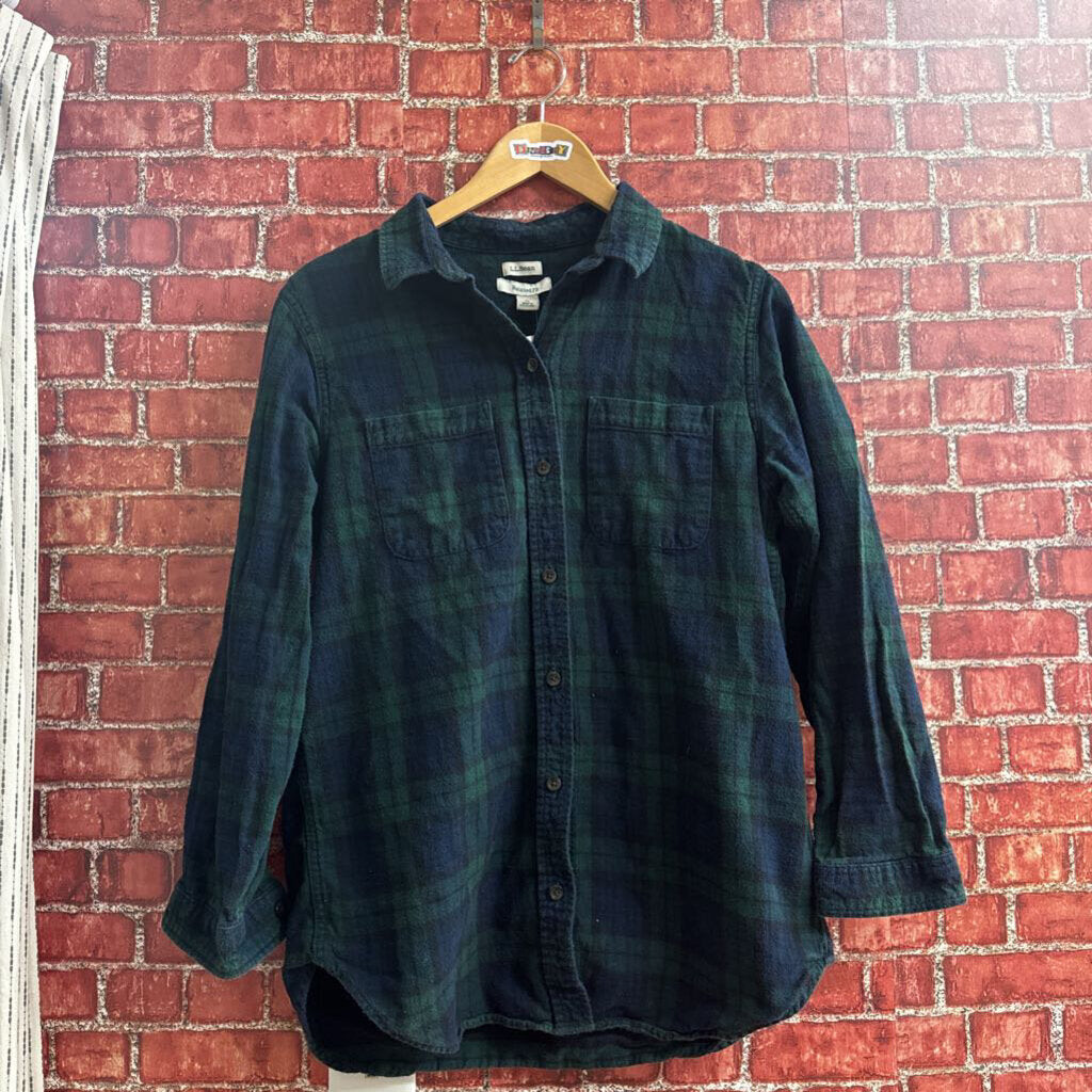 LL Bean Plaid Button Down Blue Green Size M