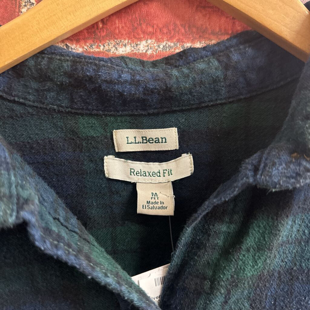 LL Bean Plaid Button Down Blue Green Size M