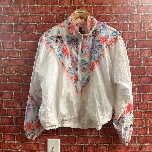 Vintage 80s Active Exposure Windbreaker Floral White Peach Size S