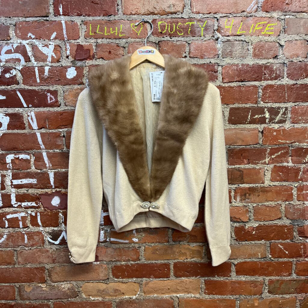 Vintage Mink Collar Cardigan Sweater Size Small Beige