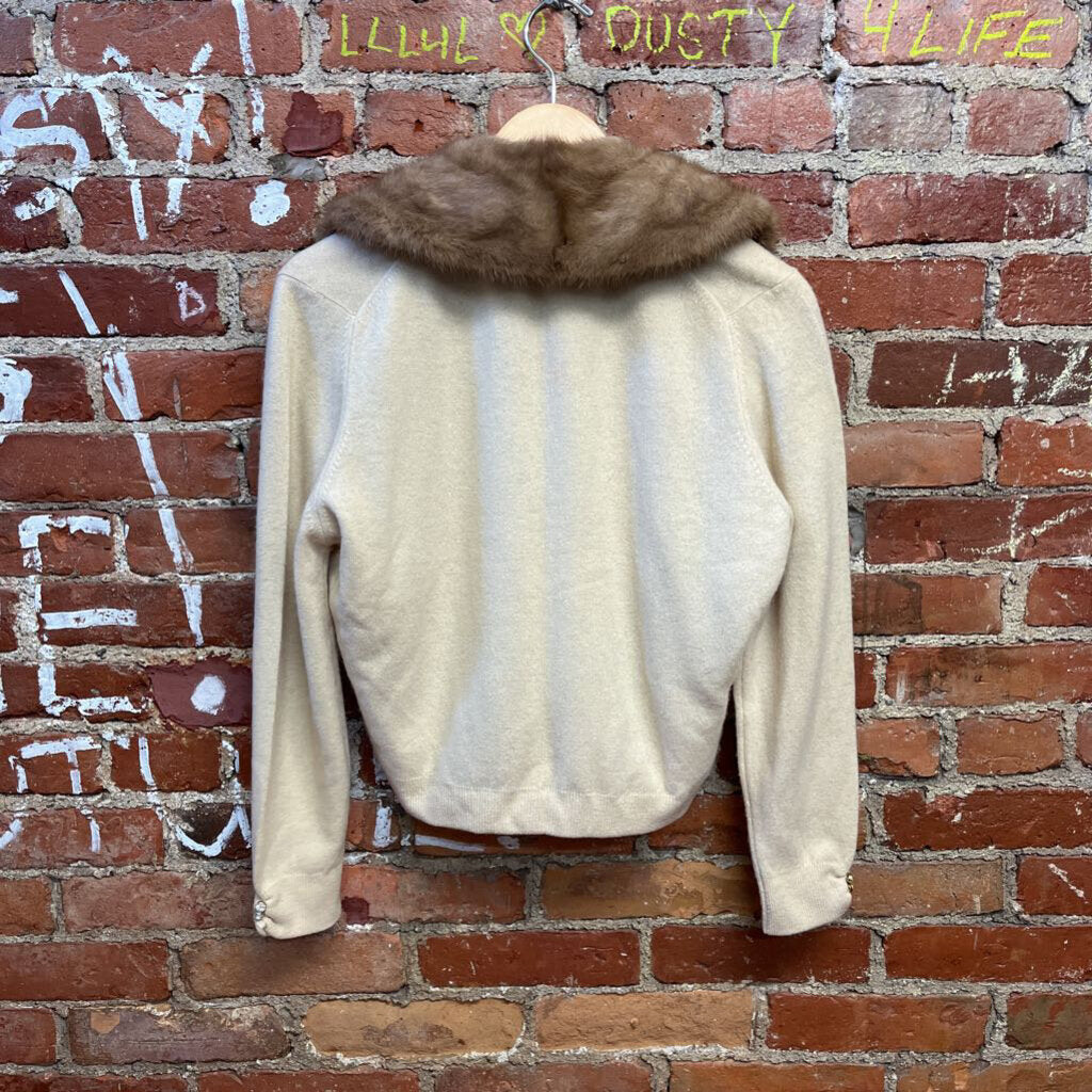 Vintage Mink Collar Cardigan Sweater Size Small Beige