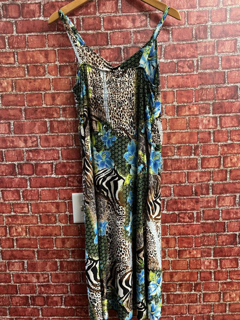 Animal Print Floral Midi Dress Blue brown Size M