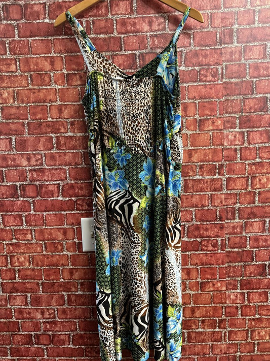 Animal Print Floral Midi Dress Blue brown Size M