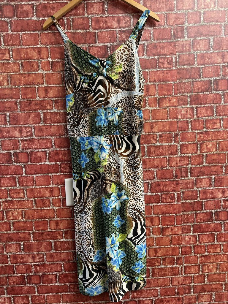 Animal Print Floral Midi Dress Blue brown Size M