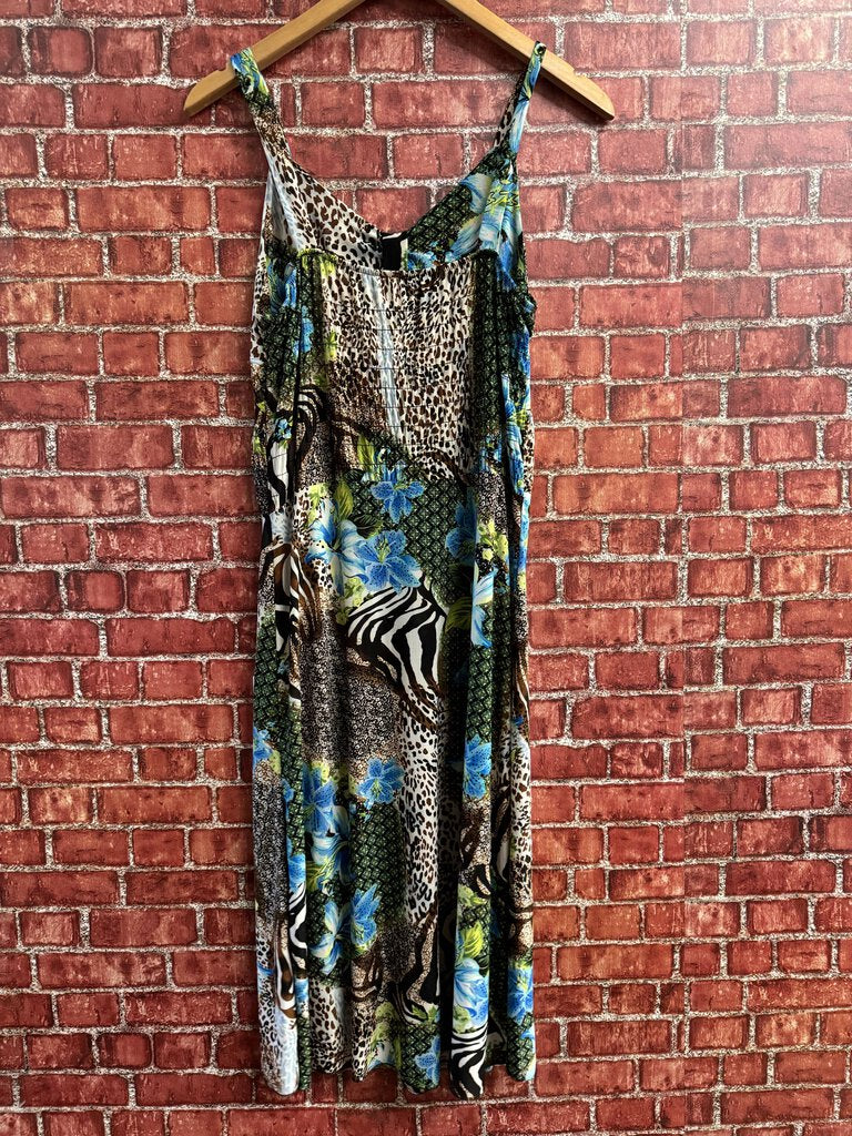 Animal Print Floral Midi Dress Blue brown Size M