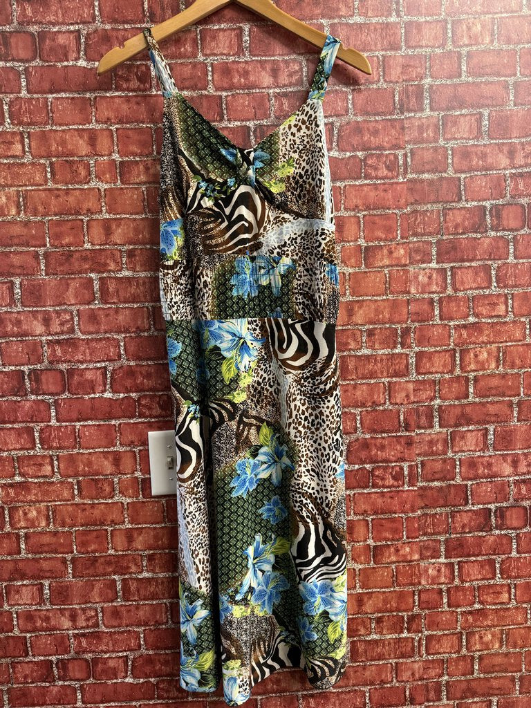 Animal Print Floral Midi Dress Blue brown Size M