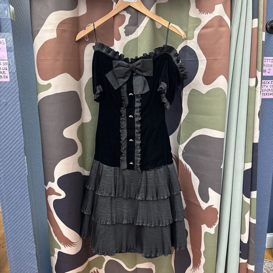 Vintage Bellville Sassoon Black Ribbon Mini Dress Velour Size 8