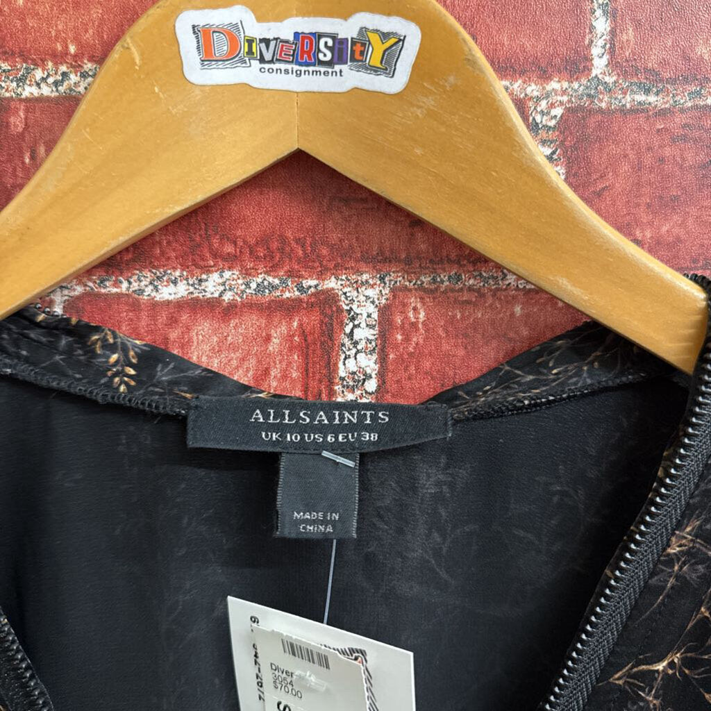 Allsaints Black Silk Floral Mini Dress Size 6