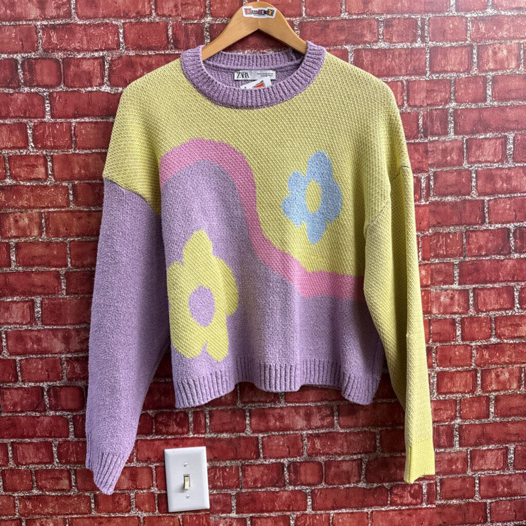 Zara Purple & Green Flower Knit Sweater Ladies Size M