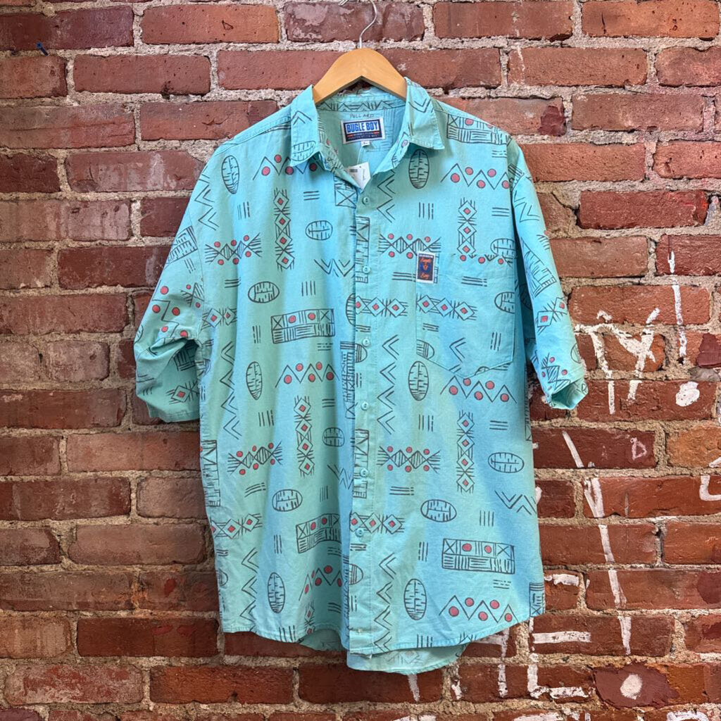 Bugle Boy VTG Button Up Short Sleeve Shapes&Lines Aqua/Red/Brown Size L