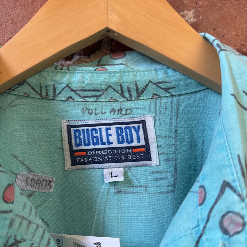 Bugle Boy VTG Button Up Short Sleeve Shapes&Lines Aqua/Red/Brown Size L
