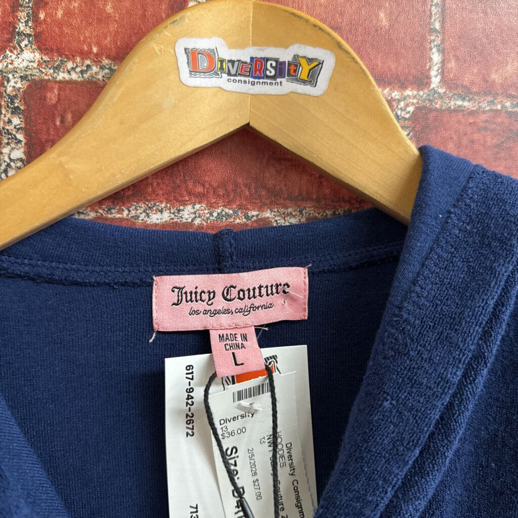 NWT Juicy Couture Zip Hoodie Short Sleeve Terry Cloth Navy Ladies Size L