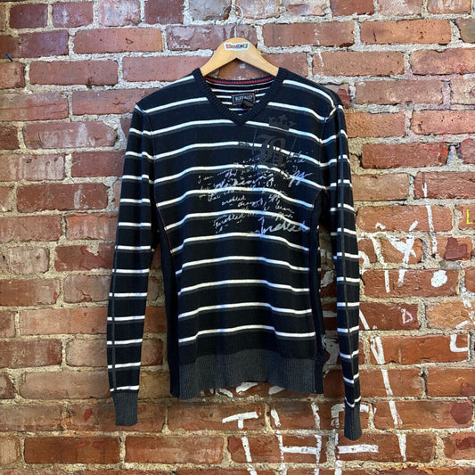 Y2K Buffalo David Bitten Grey Striped Sweater Men's Size M
