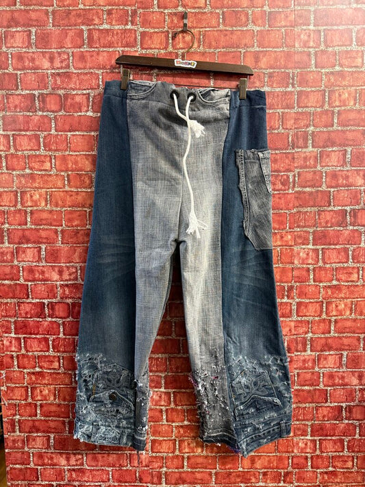 Hand Made Jeans Patchwork Tie Waist Blue Men’s Size L