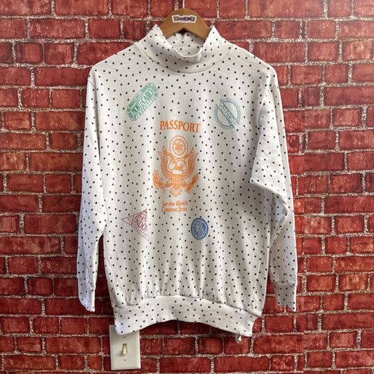 Vintage 1990 Miss Lizz Boston Passport Polka Dot Crewndck White Size D5