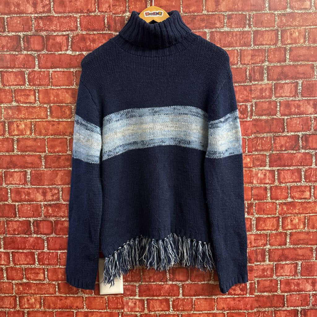Turtleneck Sweater Tassel Fringe Blue/Grey