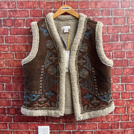 NWT House of Harlow 1960 Vest Fleece/Faux Shearling Embroidered Brown/Tan/Multi OS