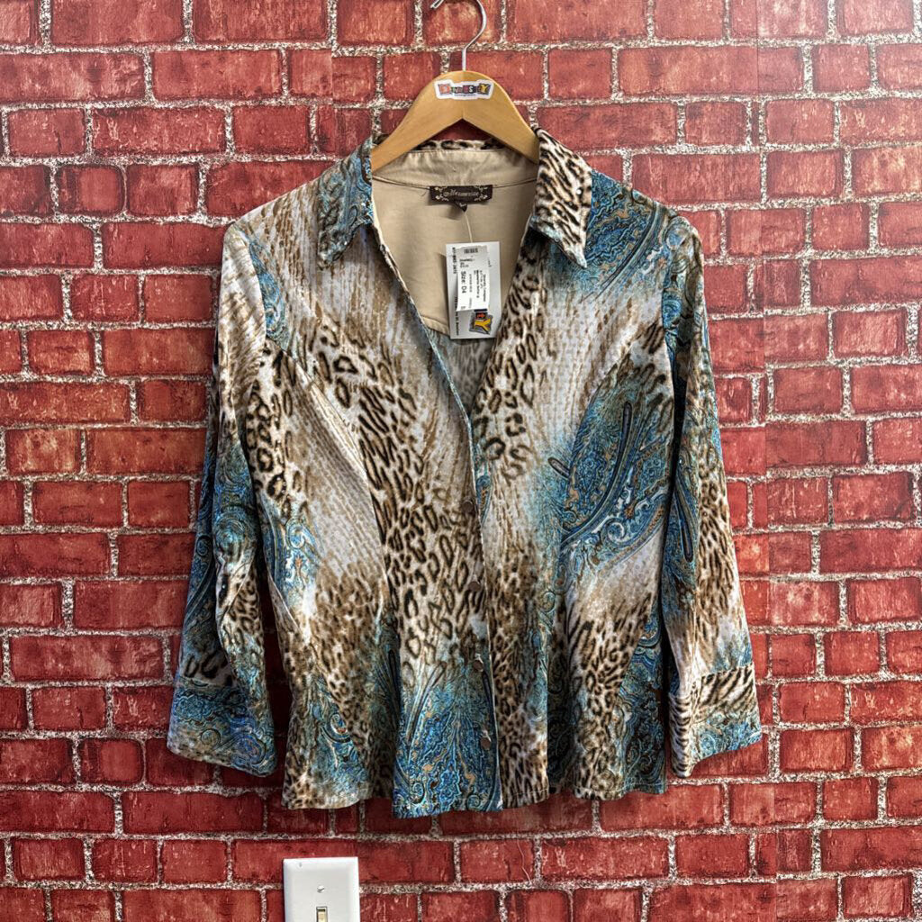 Mesmerize Button Up Pasiley/Leopard Shiny Blue/Brown Size L