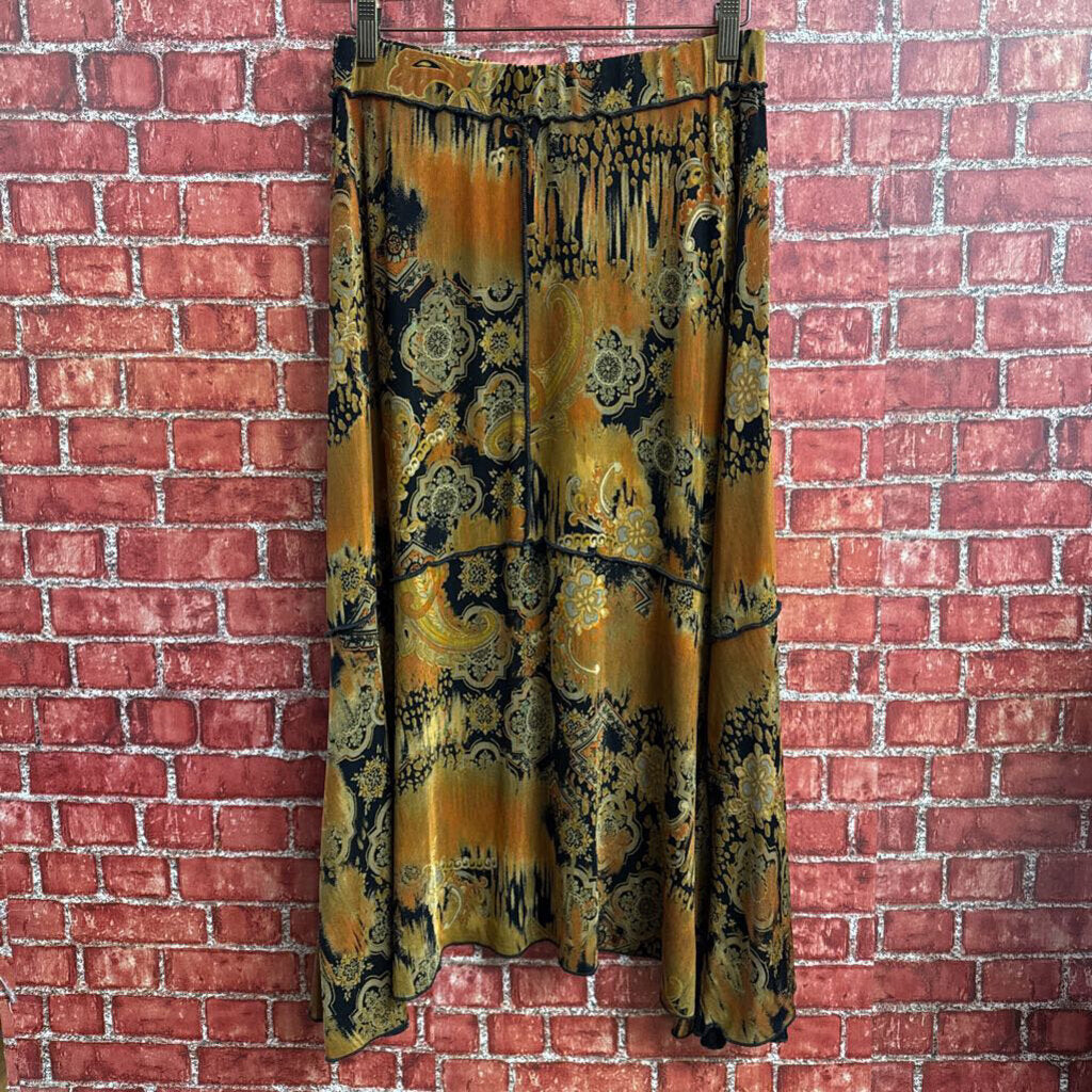 Coldwater Creek Maxi Skirt Stretch Paisley Orange/Black Size M