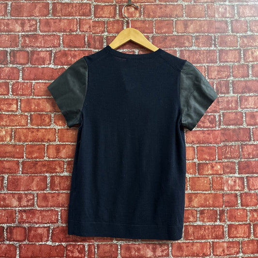 Vince Blue W/Black Leather Sleeve Top Size XS