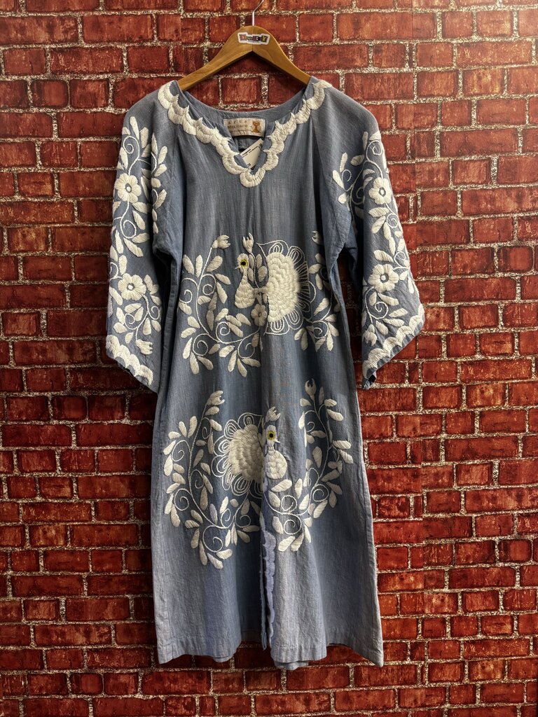 Arte Mexicano 70's Dress Hand Embroidered Peacock Blue/White