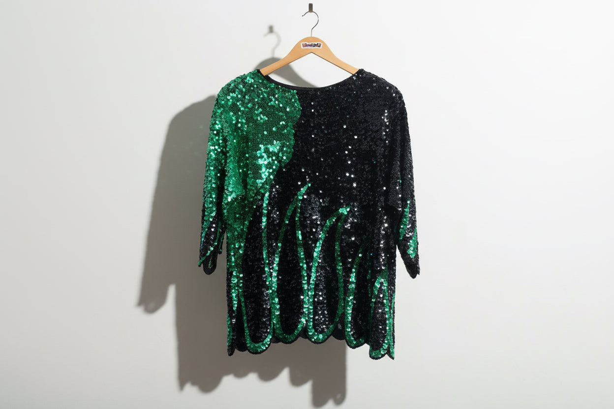Vintage Top Sequined Black/Green Ladies Size 40