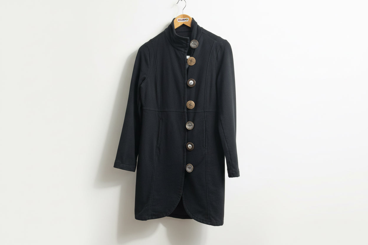 Neon Buddha Blazer Long Wood/Silver Chunky Buttons AS-IS Black Ladies Size S