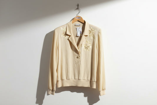 Philippe Marques Vintage Top Embroidered Flowers Waffle Beige Ladies Size 2XL