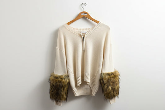 NWT Naadam Sweater Faux Fur Sleeves White/Tan Ladies Size S