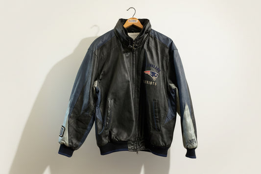 NFL Leather Bomber Jacket Patriots AS-IS Black/Navy/Silver Size L