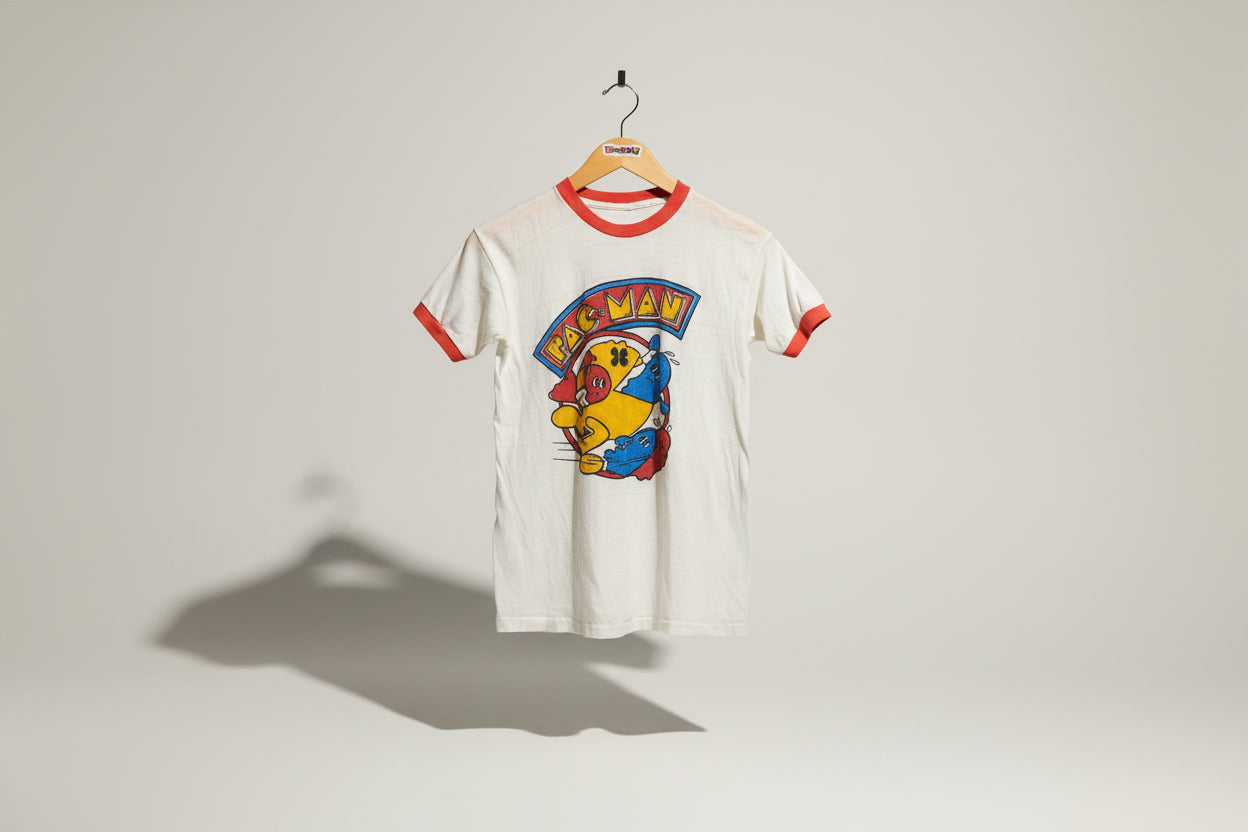Pacman Vintage Tee Graphic White/Red/Blue/Yellow Size S