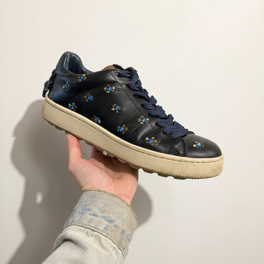 Coach Sneakers C101 Low Top Leather Flowers Black/Blue Size 8L (Spare Black Laces in left shoe)