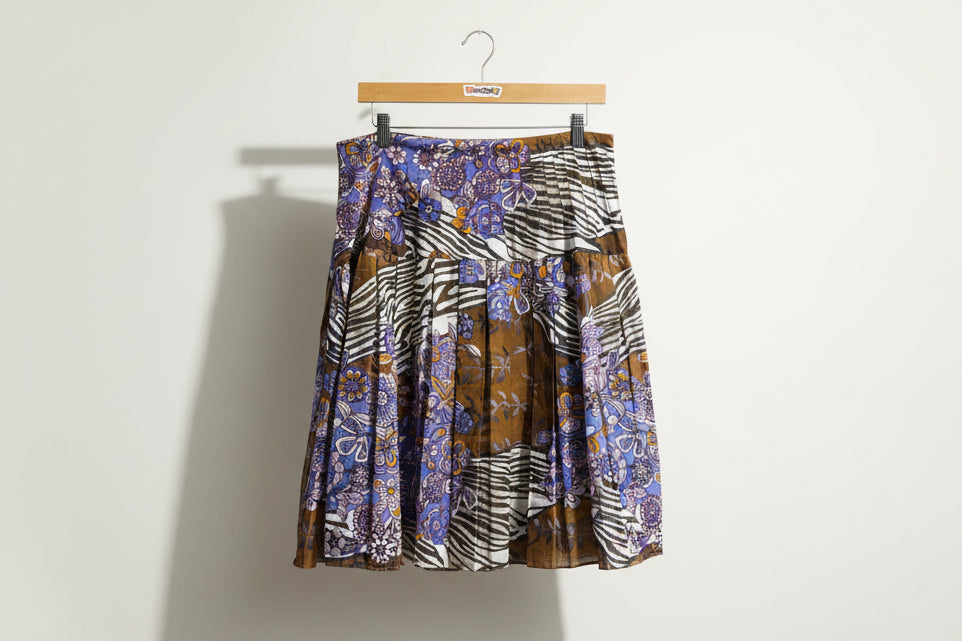 Eci Purple Paisley Pleated Silk Midi Skirt Size 10