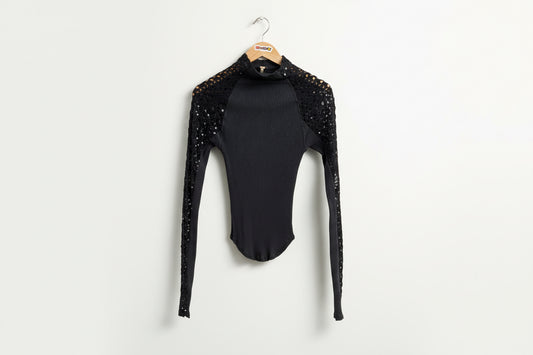 Free People Black Ribbed & Lace LS Top Ladies Size S