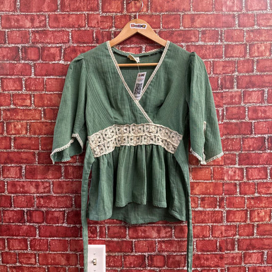 Vintage Byer Lace Trim Boho Top Green Size D1
