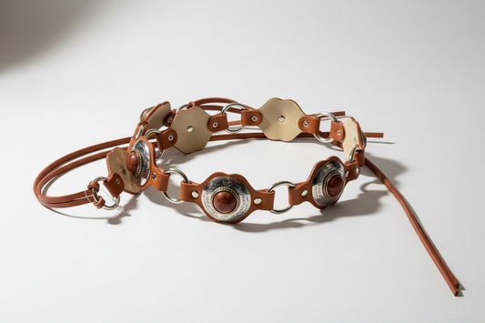 Vintage Brown Leather Stone Inlay Belt Size L