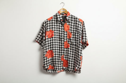 Surprise Vintage Button Down Silk Houndstooth Roses Black/White/Pink Size M
