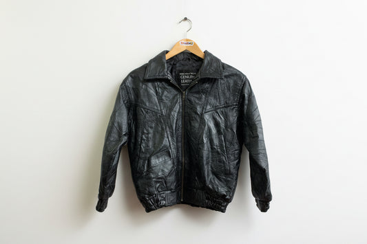 Navarre Leather Co Vintage Bomber Jacket Leather Patches Black Size 12