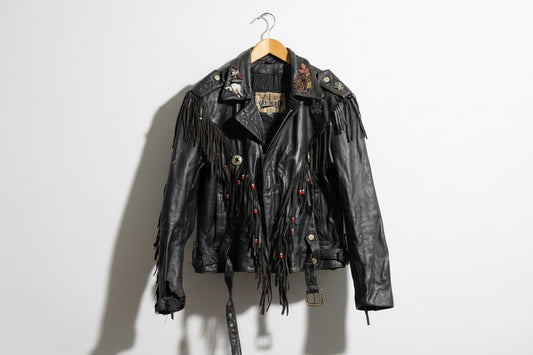 Vintage Open Road Embellished Black Leather Moto Jacket Size 38