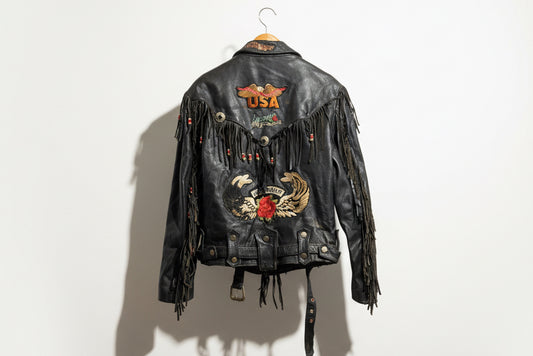 Vintage Open Road Embellished Black Leather Moto Jacket Size 38