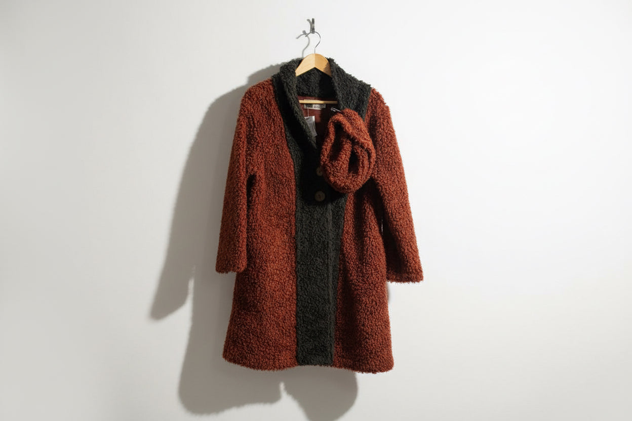 Habitat Overcoat & Hat Fuzzy Red/Black Ladies Size M/L